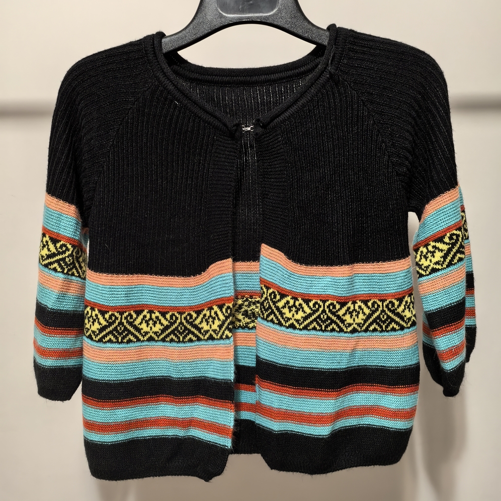 Black Striped Zip-Front Women's Sweater with Turquoise & Coral Accents
